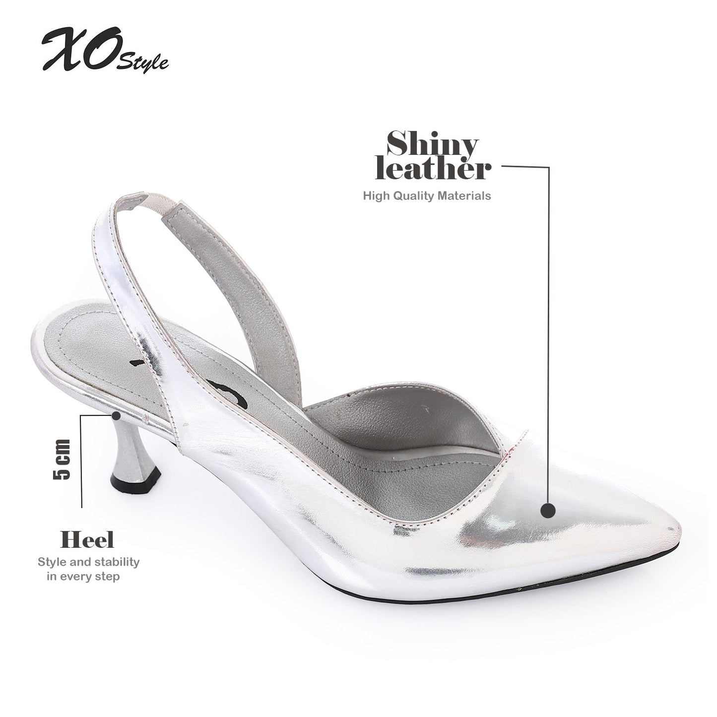 Silver Metallic Pointed-Toe Slingback Kitten Heel