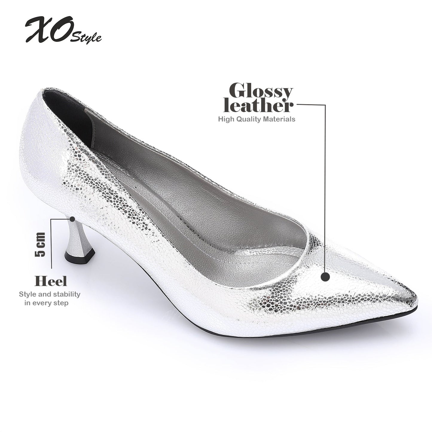 Silver Embossed Pointed-Toe Sculptural Heel Pump