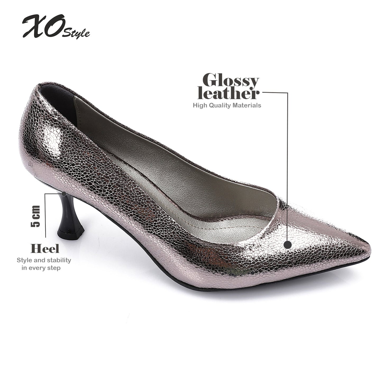 Metallic Grey Embossed Pointed-Toe Sculptural Heel Pump