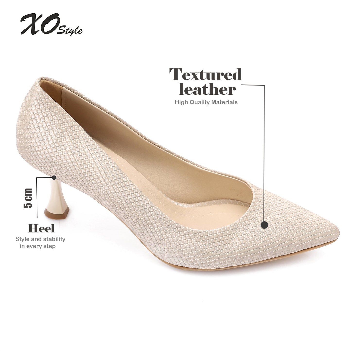 Textured Pointed-Toe Kitten Heels - Beige