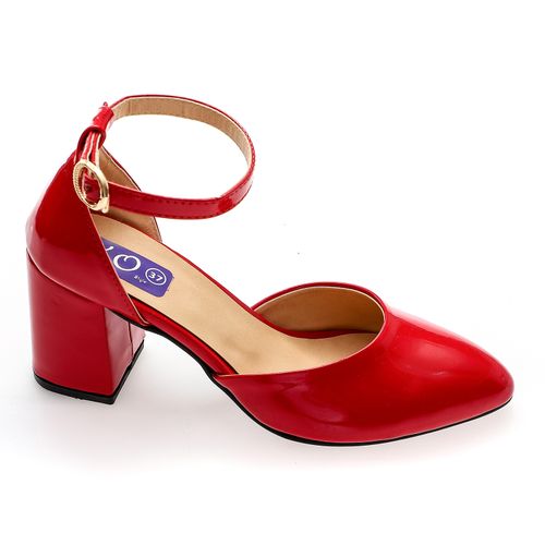 Patent Leather Heeled Shoes with Ankle Strap - Red