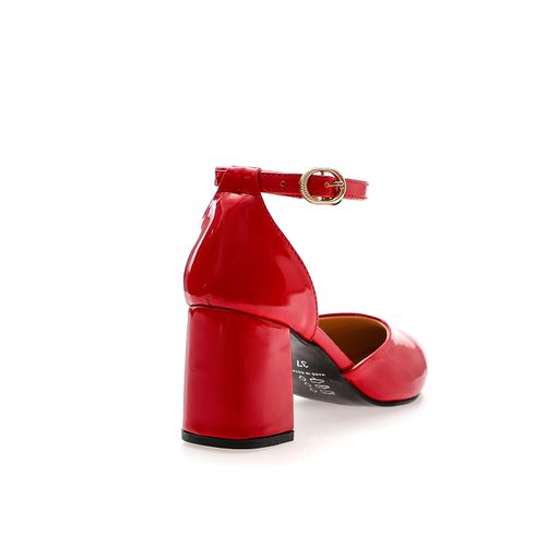 Patent Leather Heeled Shoes with Ankle Strap - Red