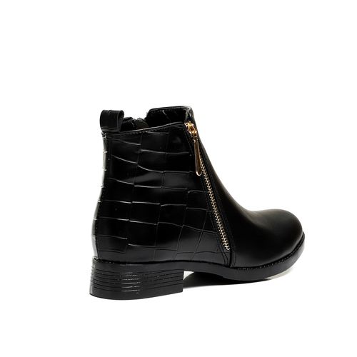 Leather Ankle Boot with Back Crocodile Pattern - Black