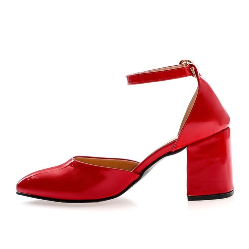 Patent Leather Heeled Shoes with Ankle Strap - Red