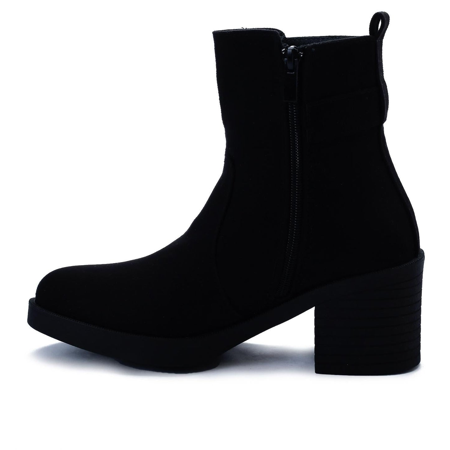 Suede Ankle Boots with Block Heel & Zipper Closure - Beige