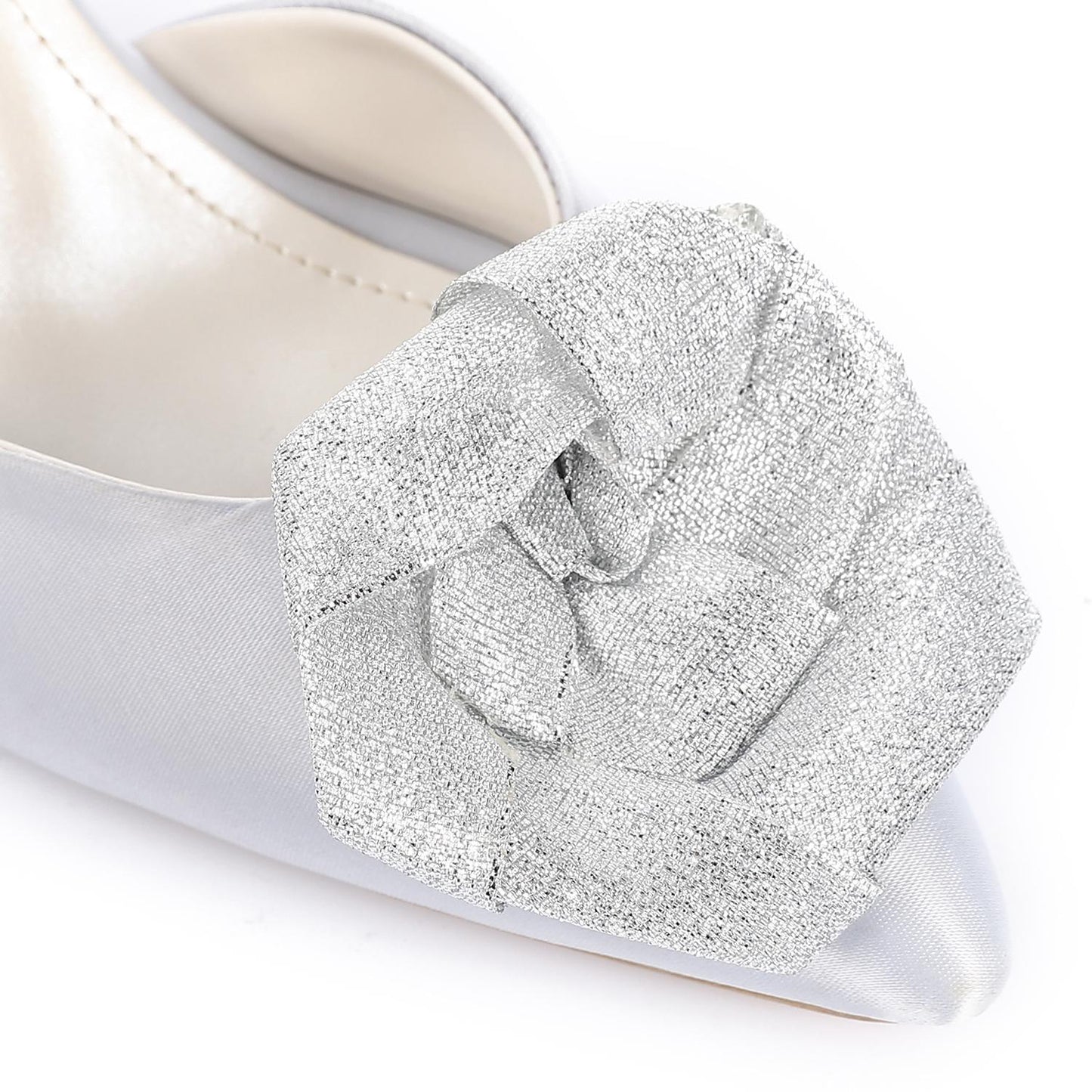 Silver Floral Pointed-Toe Kitten Heel Slingback Pump