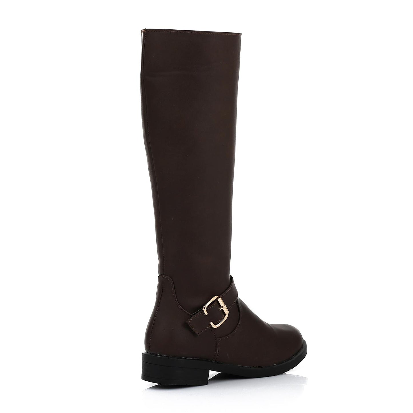 Mid-Calf Leather Boot with Decorative Buckle Brown