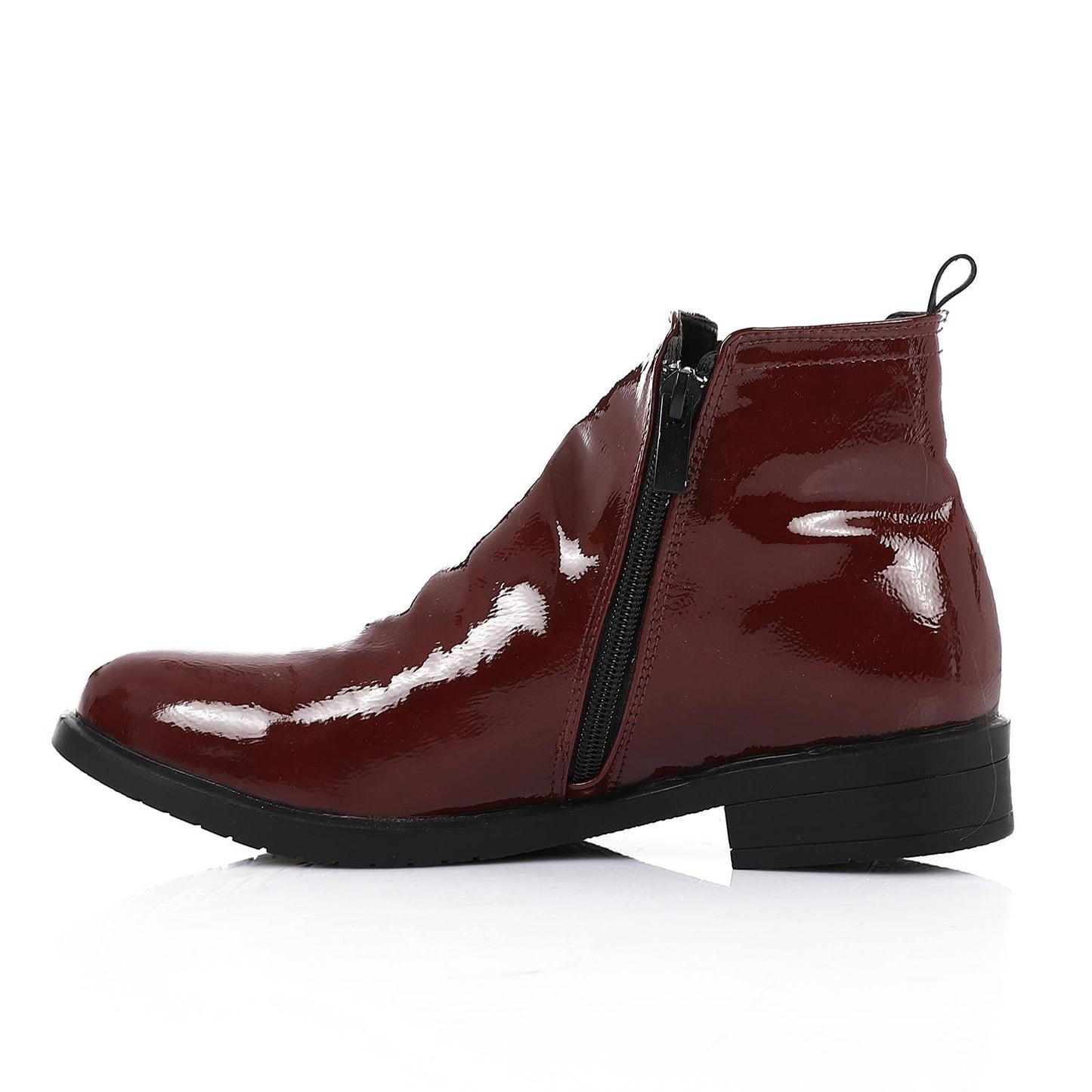 Patent Leather Ankle Boot with Zipper Closure-Burgundy