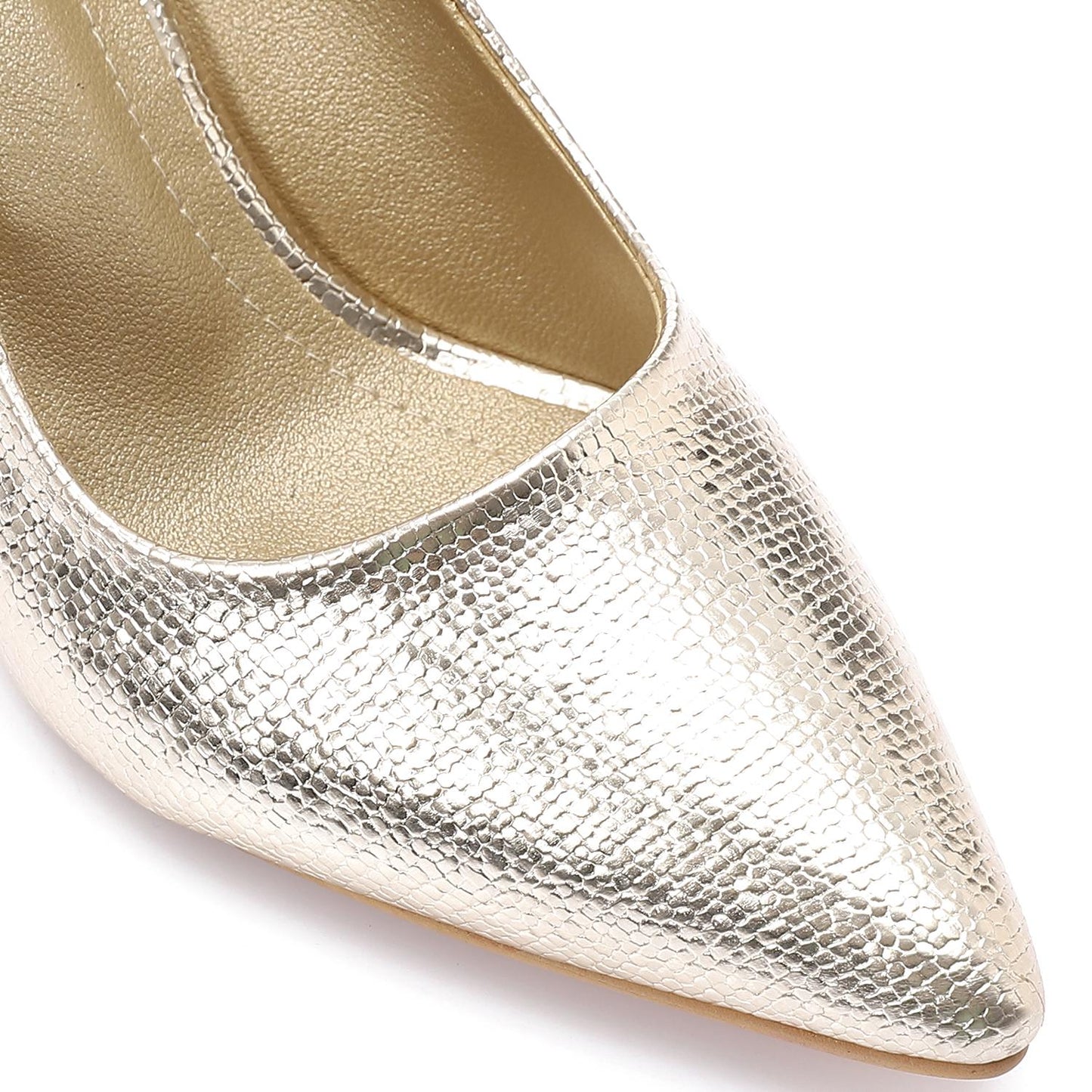 Golden Textured Pointed-Toe Kitten Heels