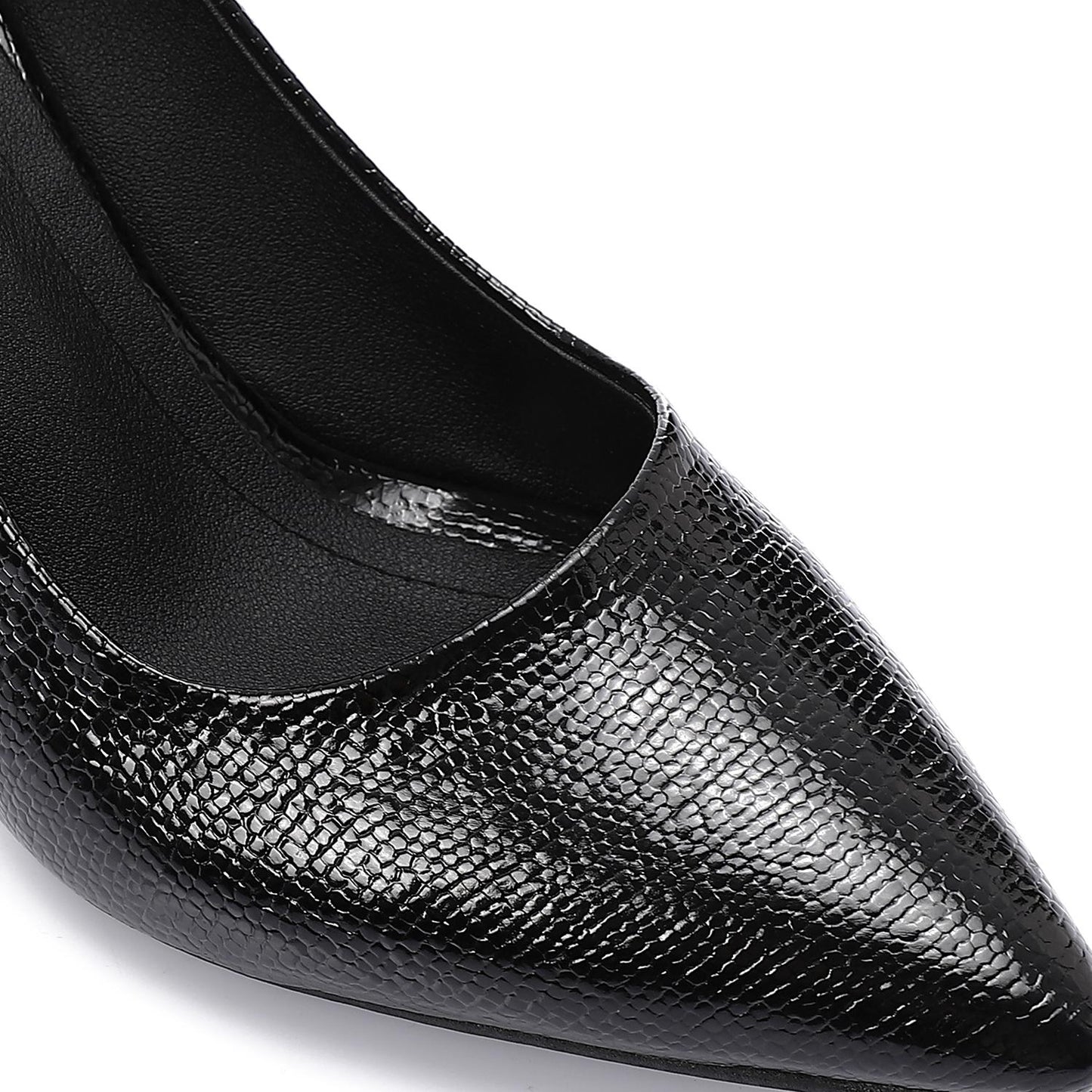 Black Textured Pointed-Toe Kitten Heels