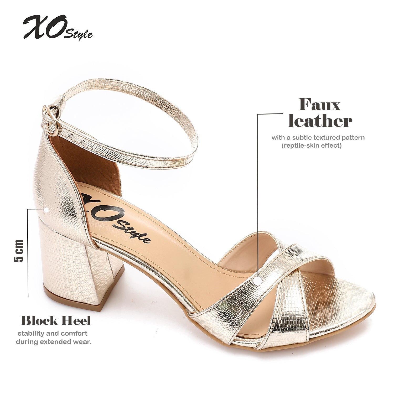 Golden Metallic Cross-Strap Block Heel Sandals with Ankle Strap