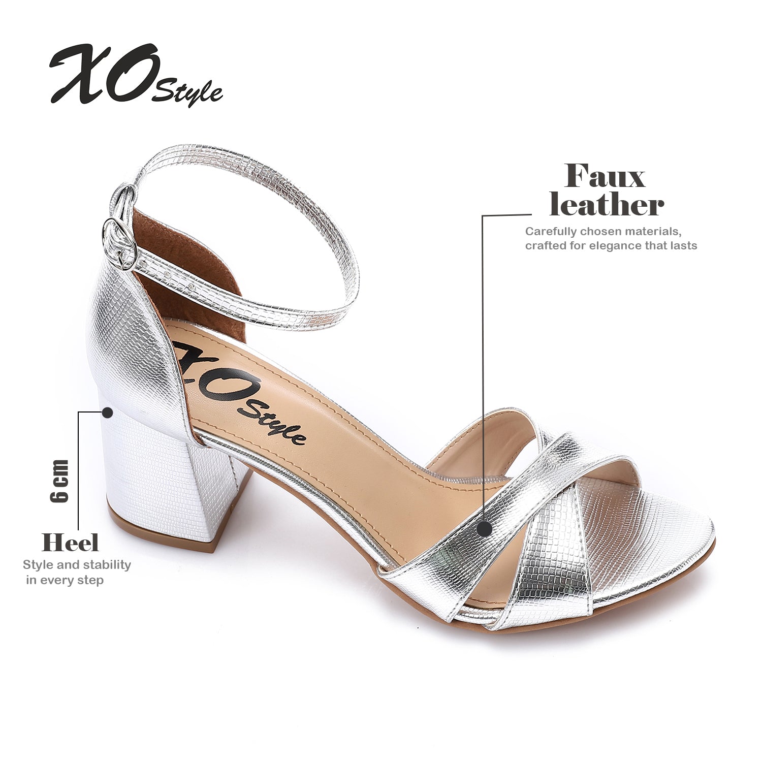 Silver Metallic Cross-Strap Block Heel Sandals with Ankle Strap