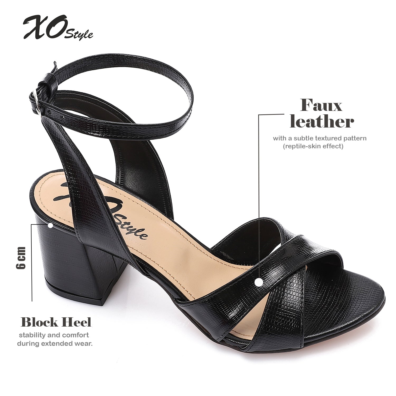 Black Shiny Cross-Strap Block Heel Sandals with Ankle Strap