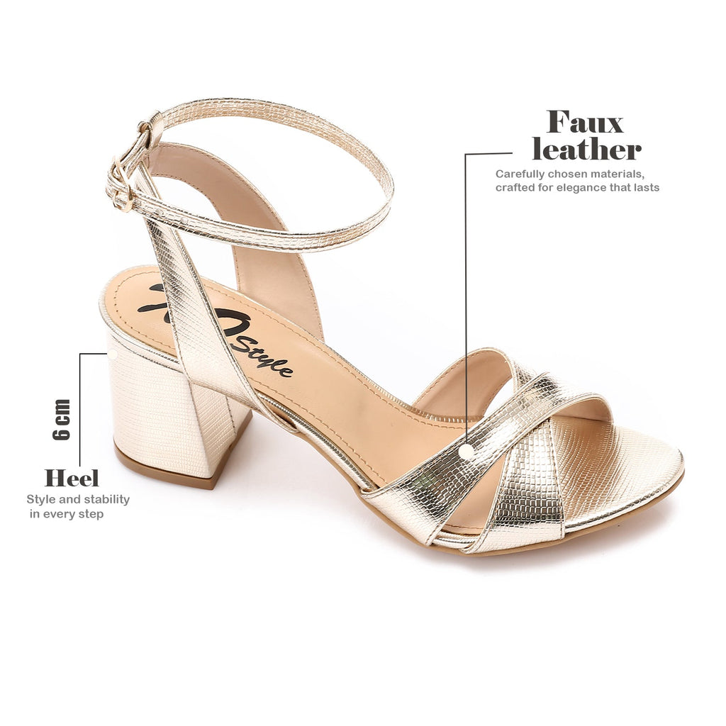 Golden Metallic Cross-Strap Block Heel Sandals with Ankle Strap