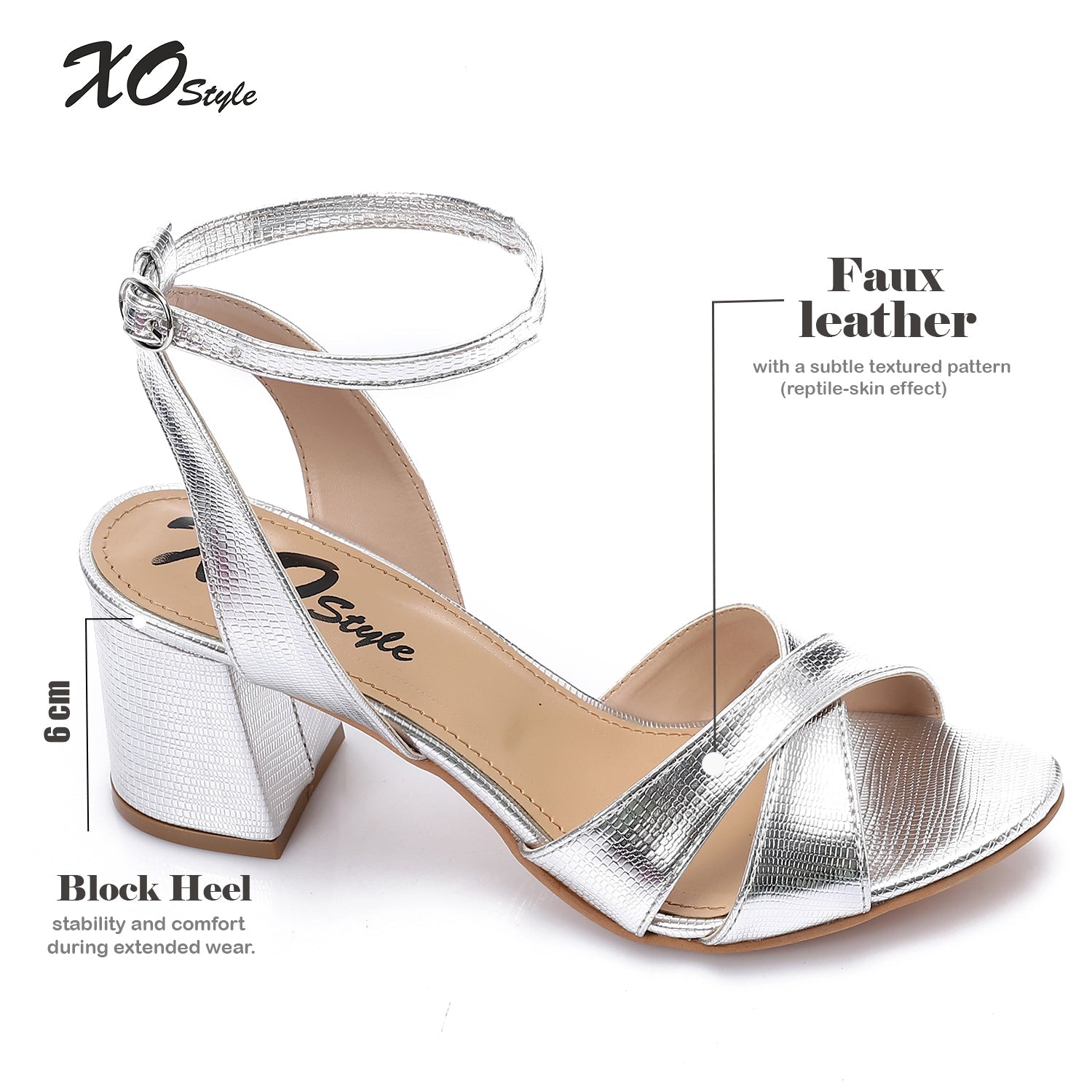 Silver Metallic Cross-Strap Block Heel Sandals with Ankle Strap