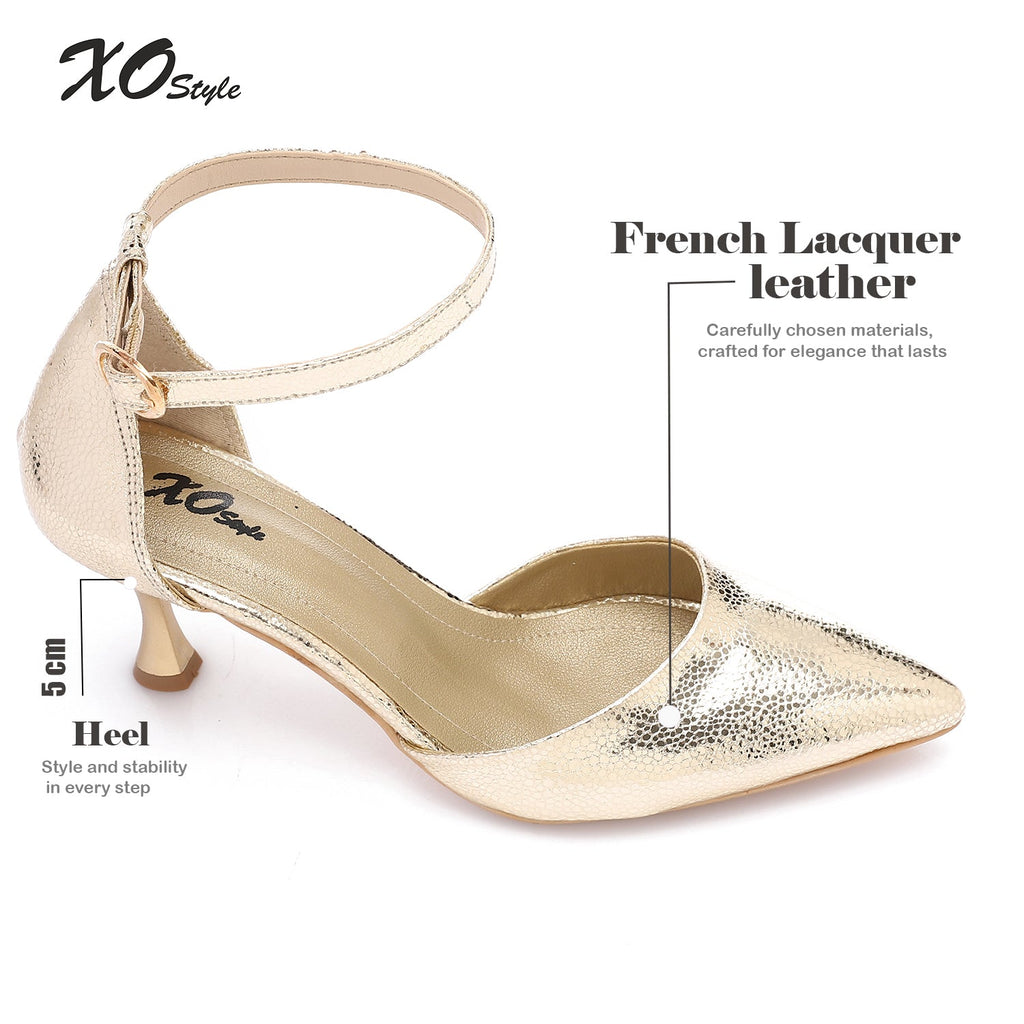 Pointed-Toe Kitten Heels with Ankle Strap - Gold