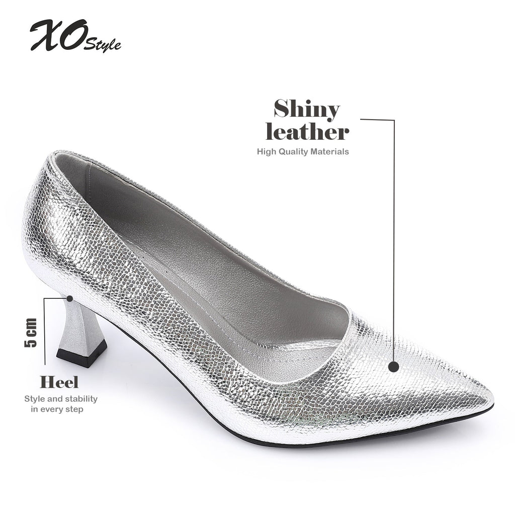 Silver Textured Pointed-Toe Kitten Heels