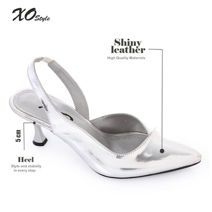 Silver Metallic Pointed-Toe Slingback Kitten Heel
