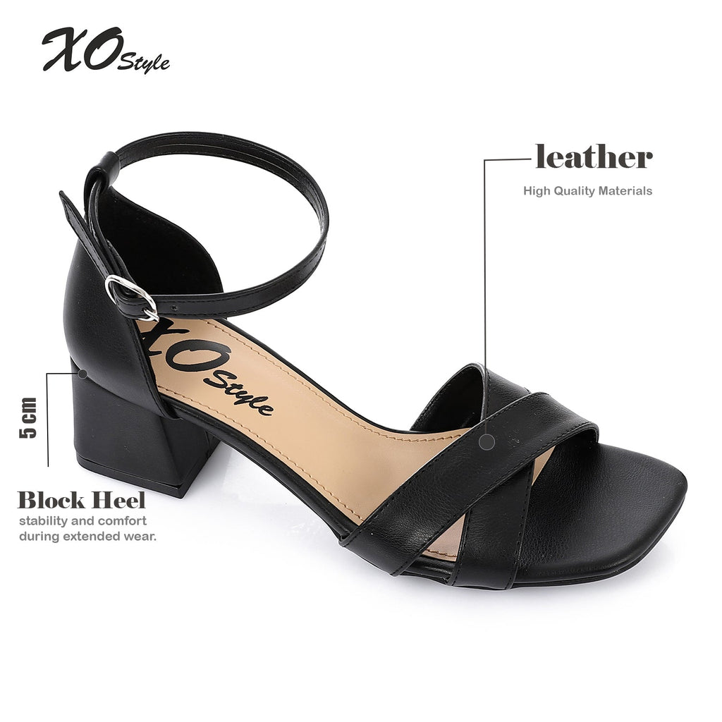 Black Faux Leather Square-Toe Ankle Strap Block Heel Sandal