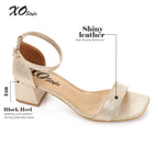 Metallic Leather Low Heeled Ankle Strap Sandals - Gold