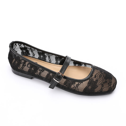 Women’s Black Lace Ballerina Flats – Elegant & Comfortable Mary Jane Style