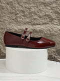 Patent Leather Double Buckled Mary Janes - Burgundy