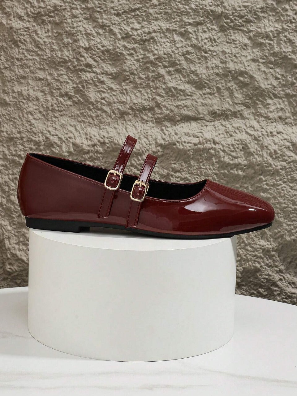 Patent Leather Double Buckled Mary Janes - Burgundy