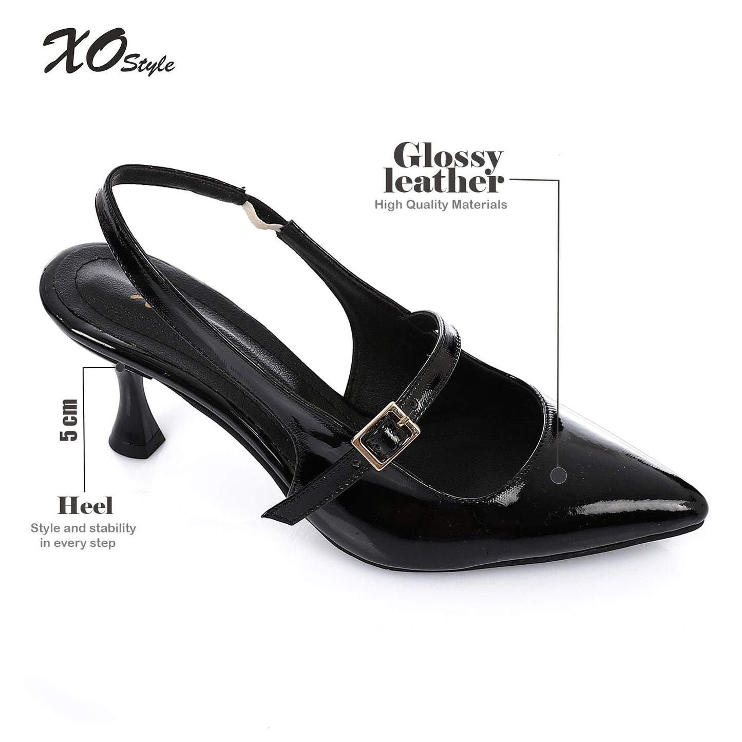 Patent Leather Pointed Toe Slingback Court Shoes with Decorative Buckle - Black