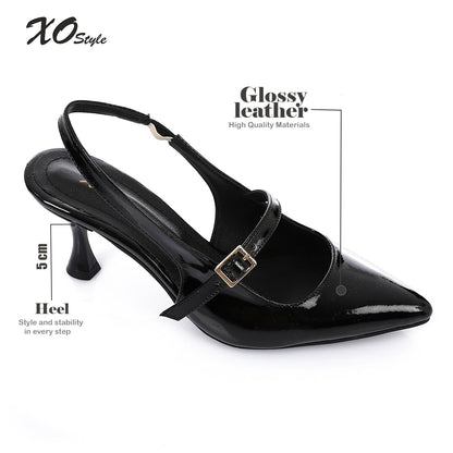 Patent Leather Pointed Toe Slingback Court Shoes with Decorative Buckle - Black