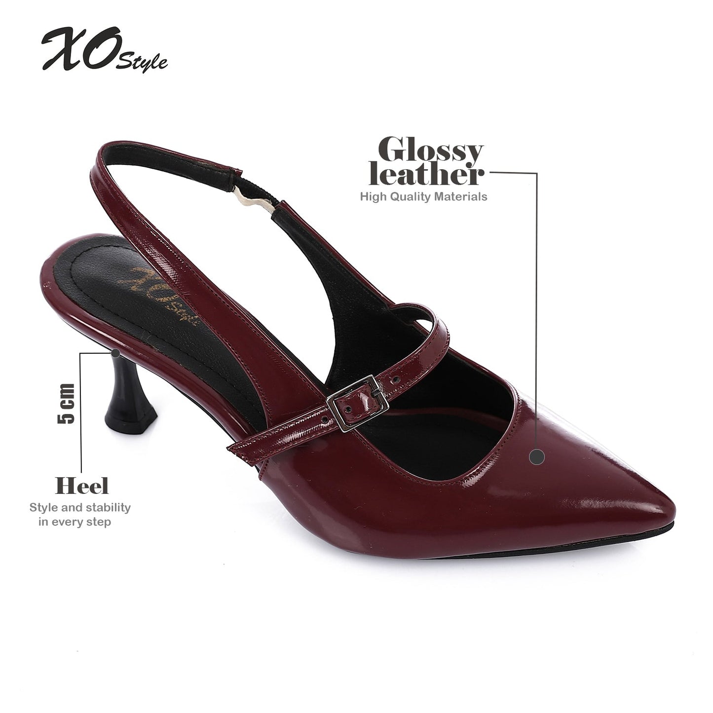 Patent Leather Pointed Toe Slingback Court Shoes with Decorative Buckle - Burgundy