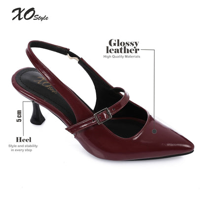 Patent Leather Pointed Toe Slingback Court Shoes with Decorative Buckle - Burgundy