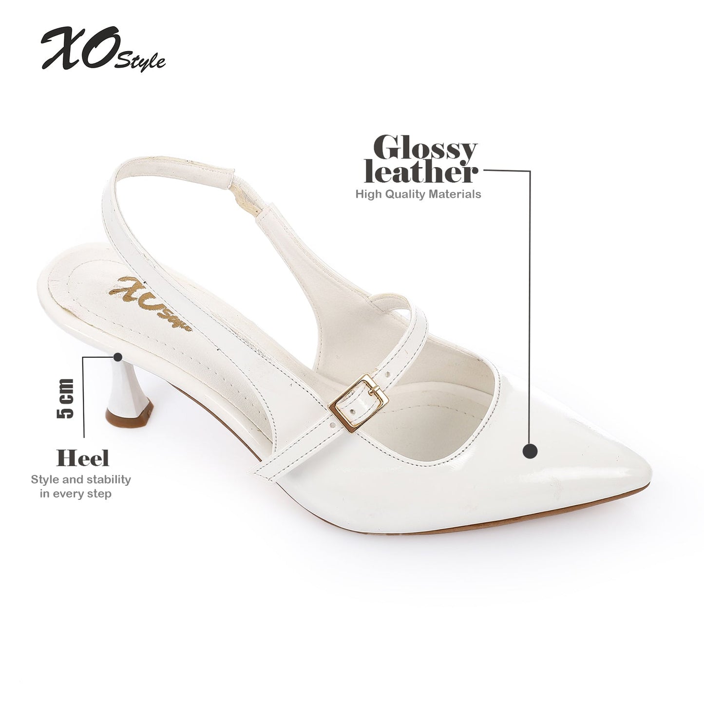 Patent Leather Pointed Toe Slingback Court Shoes with Decorative Buckle - White