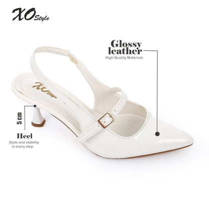 Patent Leather Pointed Toe Slingback Court Shoes with Decorative Buckle - White