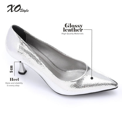 Silver Embossed Pointed-Toe Sculptural Heel Pump