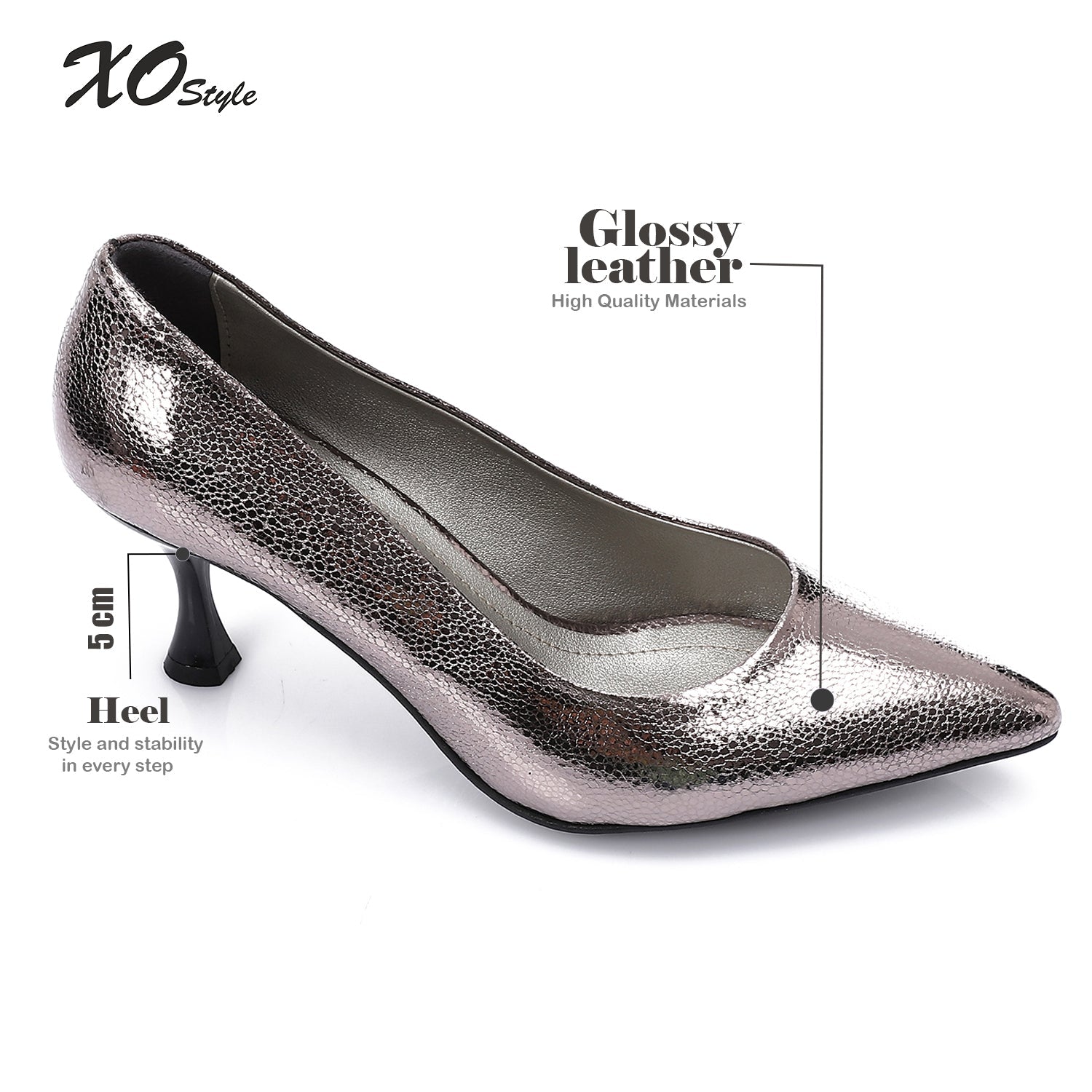 Metallic Grey Embossed Pointed-Toe Sculptural Heel Pump