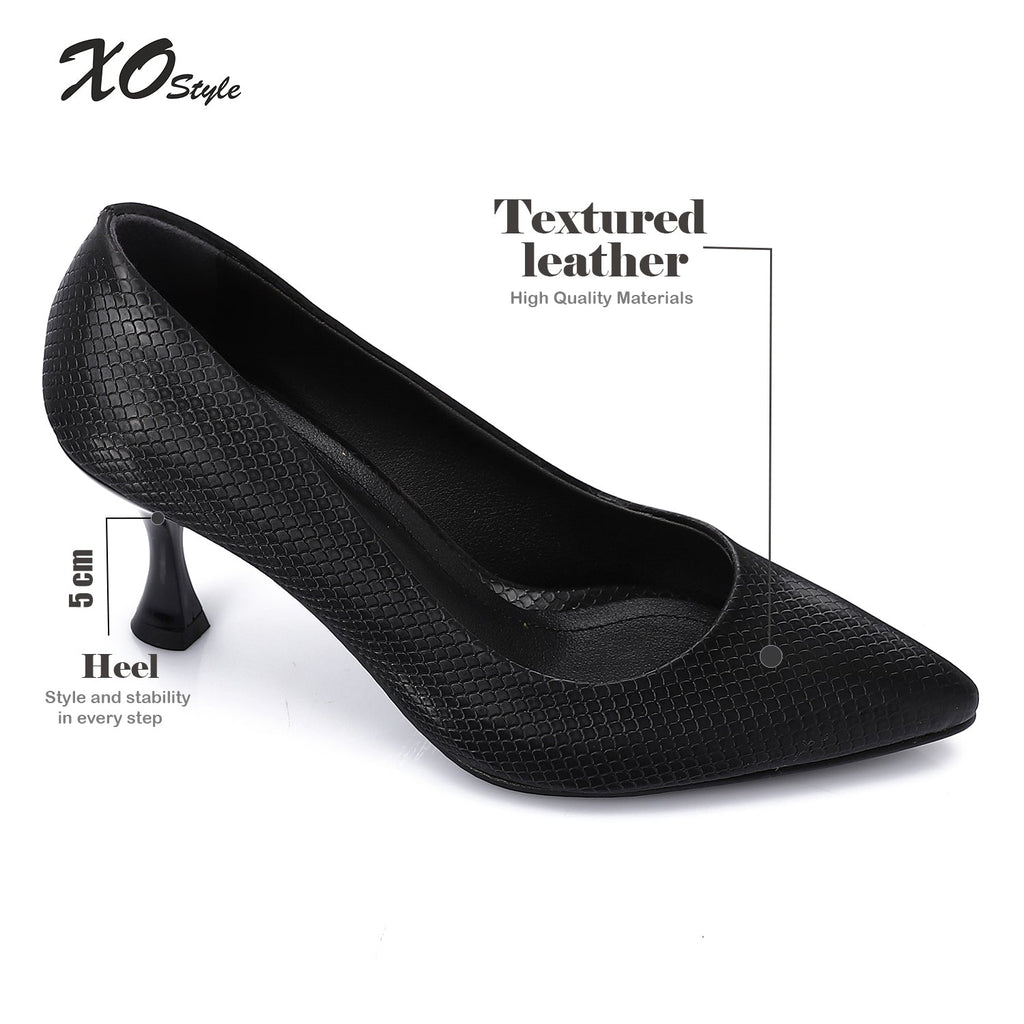 Textured Pointed-Toe Kitten Heels - Black