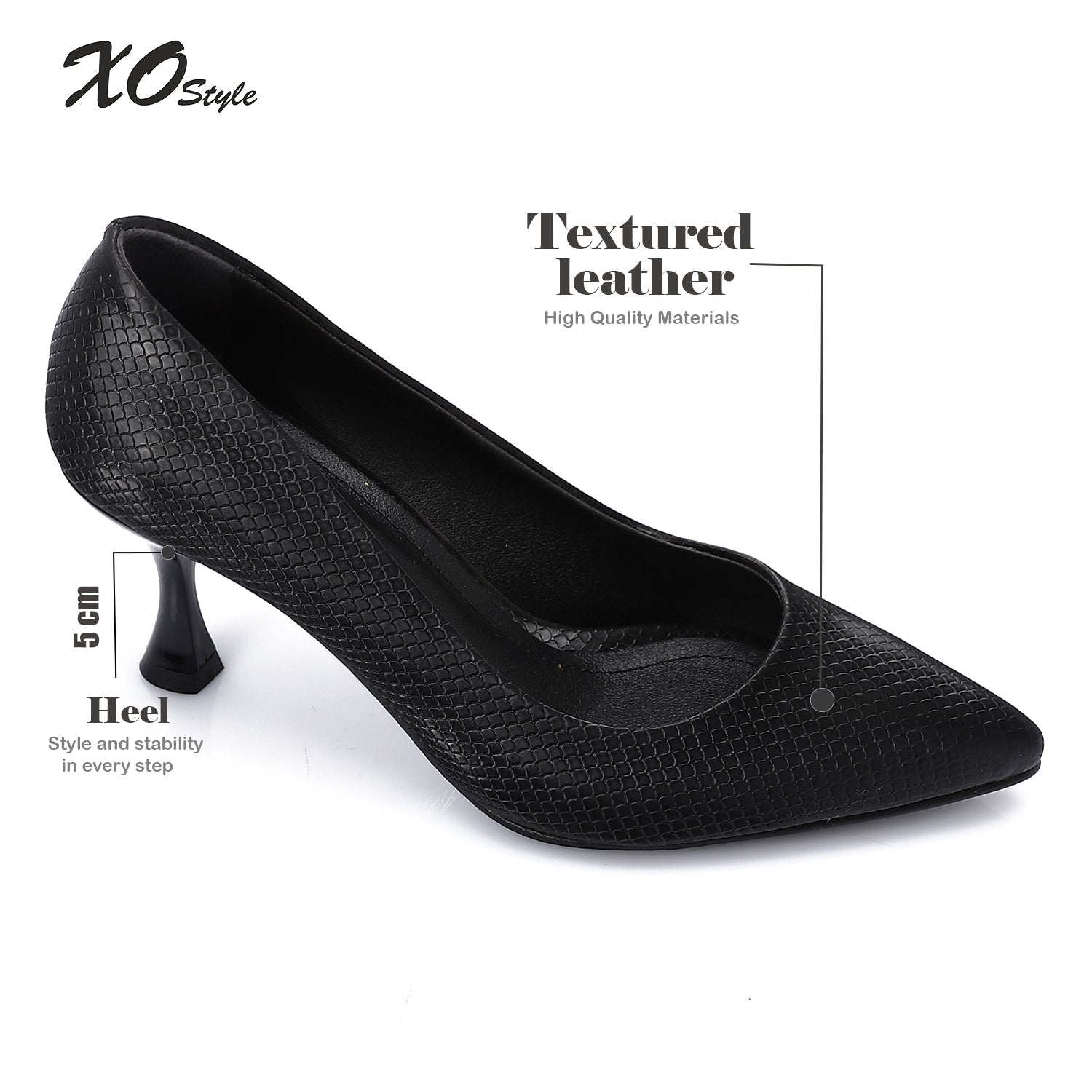 Textured Pointed-Toe Kitten Heels - Black