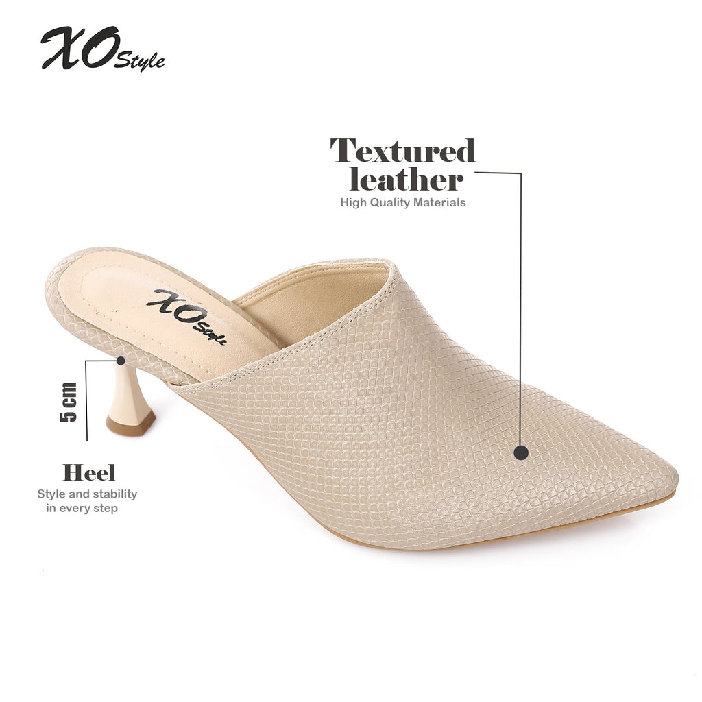 Beige Textured Leather Pointed-Toe Kitten Heel Mule