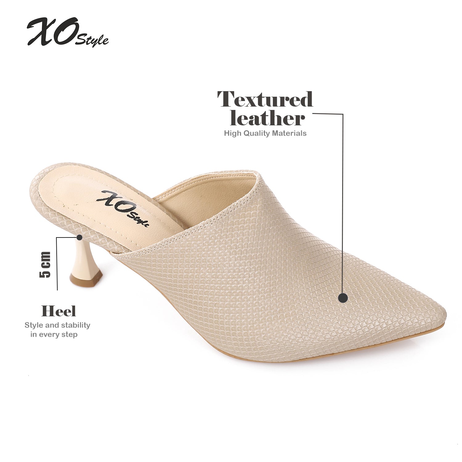 Beige Textured Leather Pointed-Toe Kitten Heel Mule