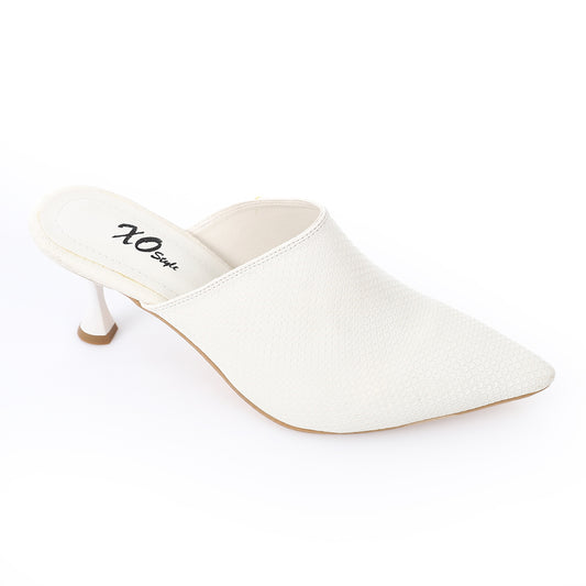 Women's White Pointed-Toe Heeled Mule – Textured Leather Look