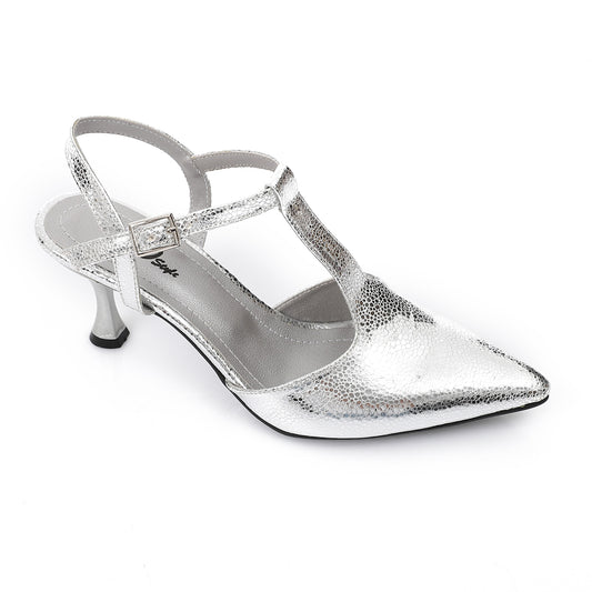 Elegant Silver Women's Heeled Shoes with Pointed Toe and Stylish Block Heel