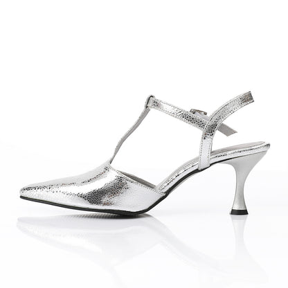 Elegant Silver Women's Heeled Shoes with Pointed Toe and Stylish Block Heel