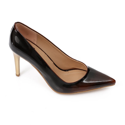 Women’s Brown Patent Leather Heels – Pointed Toe with Gold Metallic Heel 7 cm