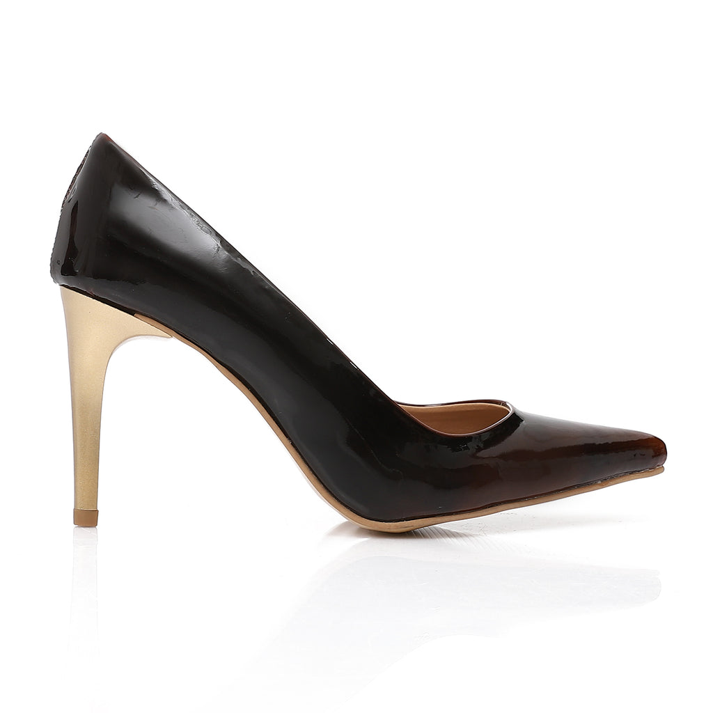Women’s Brown Patent Leather Heels – Pointed Toe with Gold Metallic Heel 7 cm