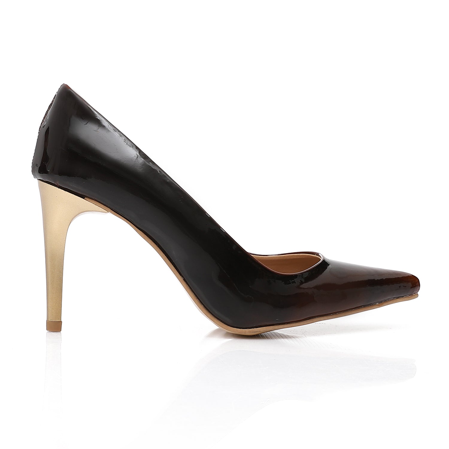Women’s Brown Patent Leather Heels – Pointed Toe with Gold Metallic Heel 7 cm