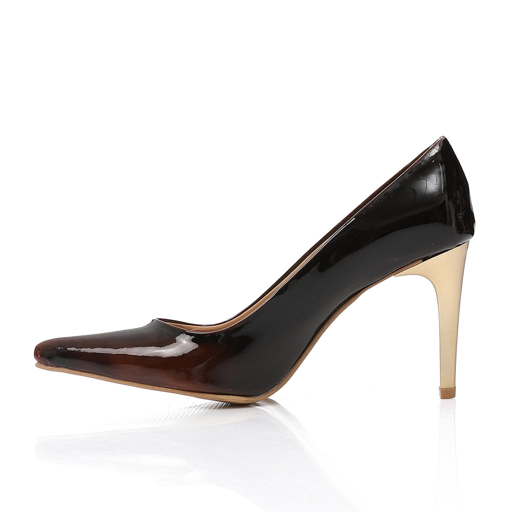 Women’s Brown Patent Leather Heels – Pointed Toe with Gold Metallic Heel 7 cm