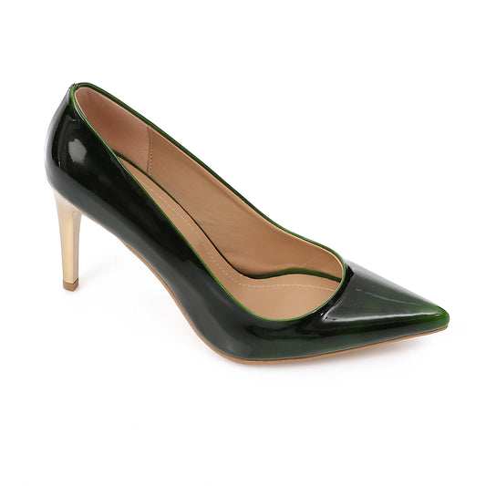 Women’s Dark Green Patent Leather Heels – Pointed Toe with GoldMetallic Heel 7 cm