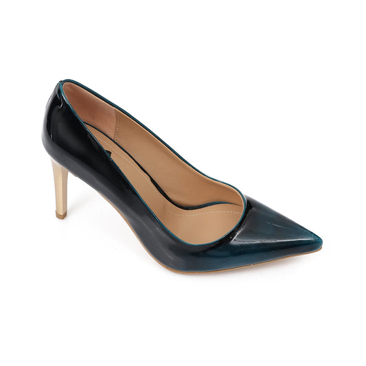 Women’s Navy  Patent Leather Heels – Pointed Toe with Gold Metallic Heel 7 cm