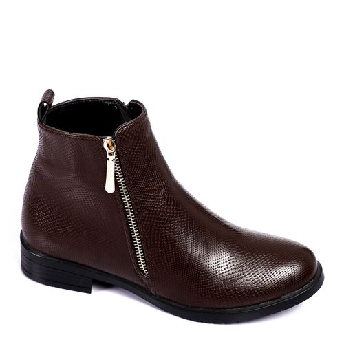 Leather Ankle Boot with Golden Side Zipper - Dark Brown