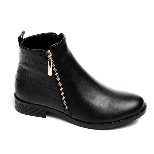 Leather Ankle Boot with Back Crocodile Pattern - Black